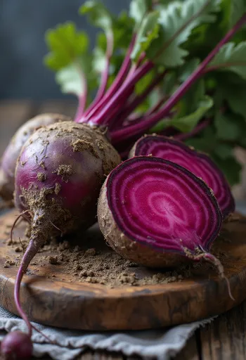 木製テーブルの上の新鮮なビーツ、葉付きとスライス