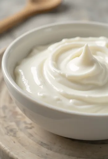 ガラスのボウルに入ったクリーミーなプレーンヨーグルトとスプーン