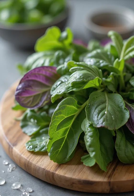 ガーデン・オラッチの葉と茎、鮮やかな緑色、素朴な木の背景