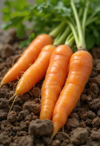 素朴な木製の表面に置かれた、葉付きの新鮮な泥付き人参