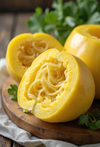 半分に切った金糸瓜（そうめんカボチャ）、中の繊維状の果肉が見える