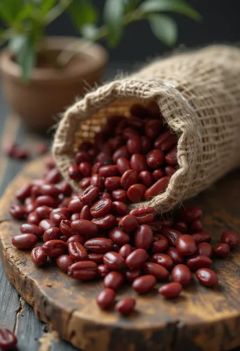 木製の表面のボウルに入った乾燥小豆と、周囲に散らばった豆