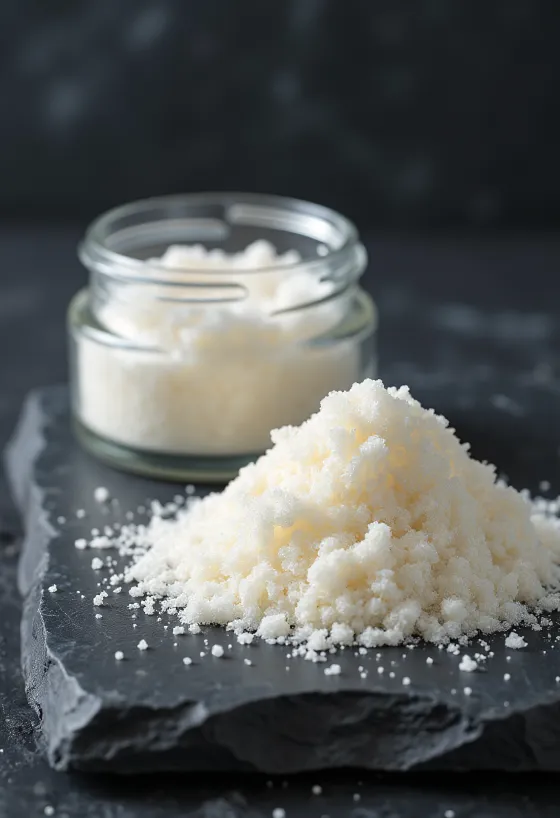 小皿に入った白いアガーパウダーと木製のスプーン、シンプルな背景