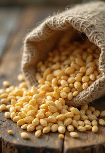 袋からこぼれ出るアインコーン小麦の粒と、ボウルに入った粉、素朴な雰囲気
