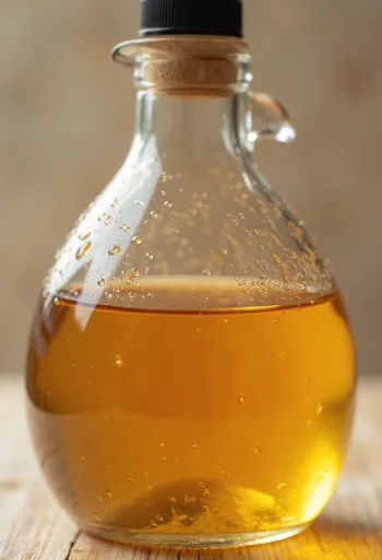 ガラスのボウルに入ったリンゴ酢と、周りに置かれた新鮮なリンゴ、皮、マザー入りボトル