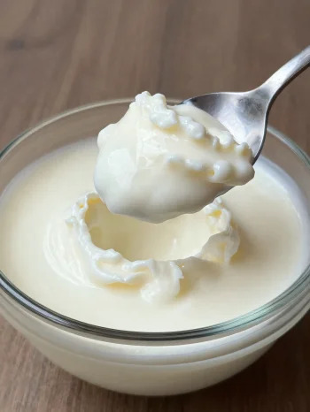 素朴な陶器のボウルに入った自然発酵乳、スプーンとわずかなホエイが見える