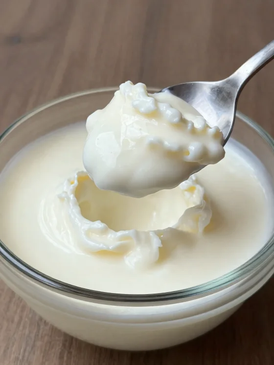 素朴な陶器のボウルに入った自然発酵乳、スプーンとわずかなホエイが見える