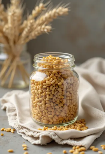 陶器のボウルに入った大麦ふすまと、木のキッチン台に散らばる様子