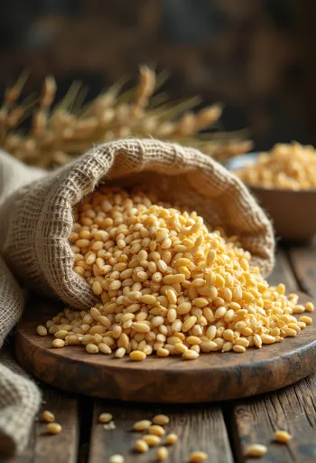 製菓・製パン材料としての大麦麦芽：ボウルに入った麦芽粒と粉末