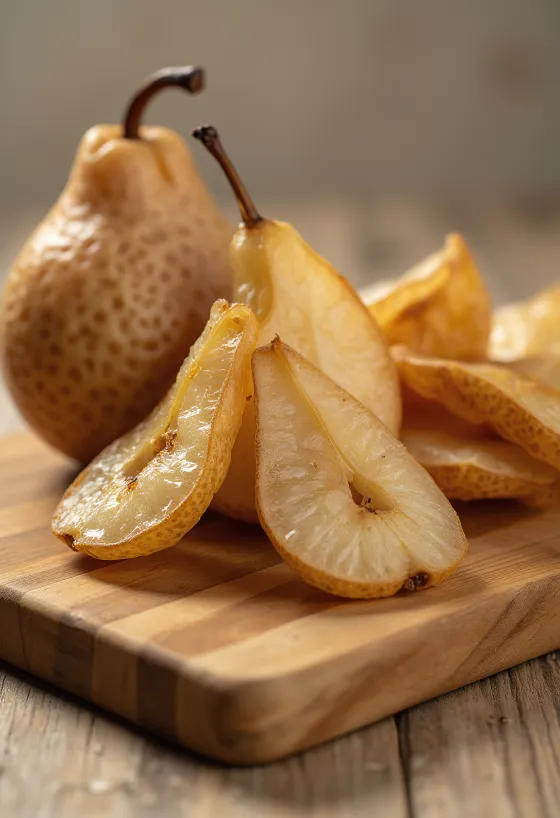 ボウルに入った干し梨のスライス、生の洋梨とクルミ、シナモン添え