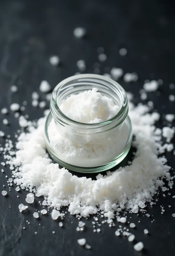 小皿に入った白いアスコルビン酸パウダーと木製スプーン