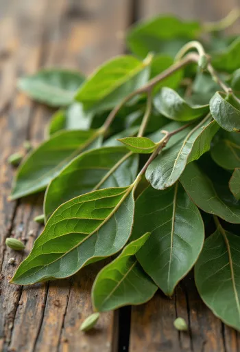 木製のキッチンカウンターに置かれた乾燥ローリエの葉