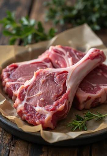 木製ボードに並べられた生の骨付きラムチョップ、新鮮な肉