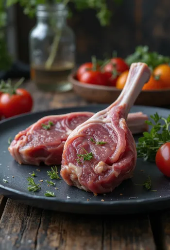 木製ボードに置かれた生のラムシャンク（スネ肉）のフィレ