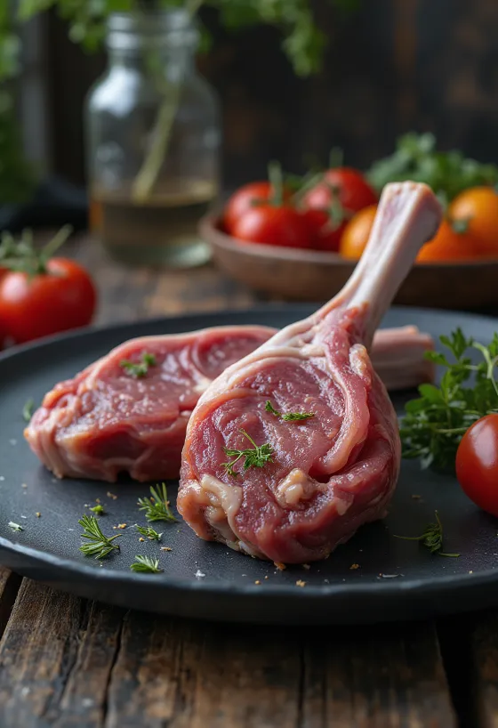 木製ボードに置かれた生のラムシャンク（スネ肉）のフィレ