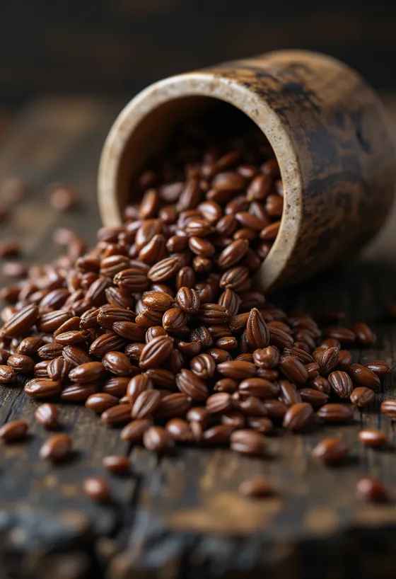 小皿に入った茶色の亜麻仁（ホール）、木のテーブル