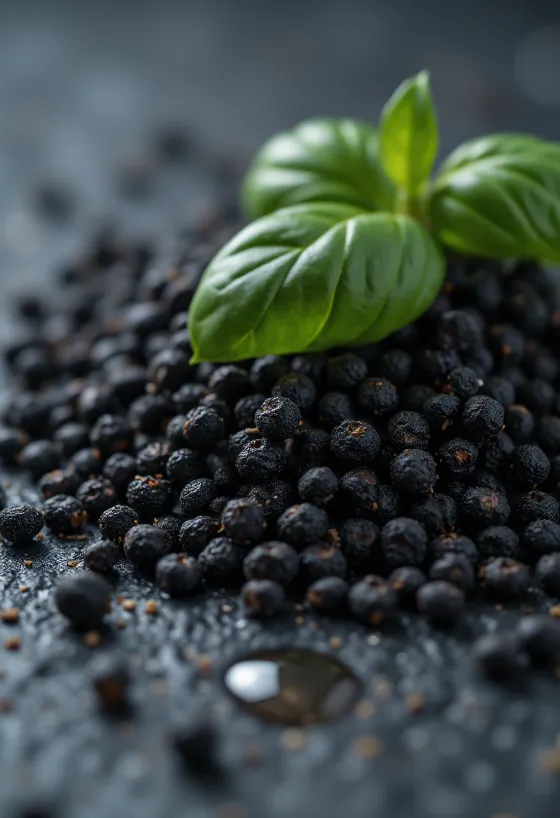 小皿に入った黒い乾燥バジルシードと、水で戻してゼリー状になったグラス