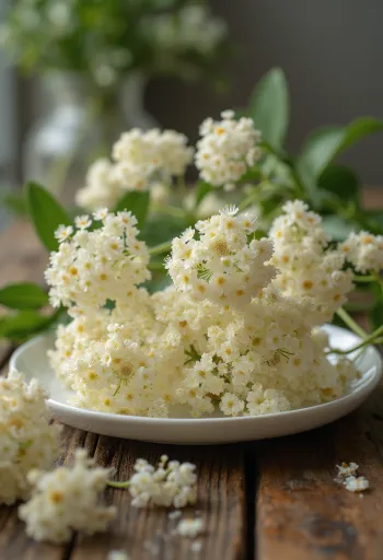 白い皿の上に置かれた新鮮なエルダーフラワーの花房