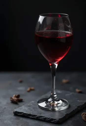 グラスに注がれたワイン、周りにブドウと木樽、料理のイメージ