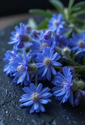 木製ボードの上に置かれた、下処理済みの青いボリジの花