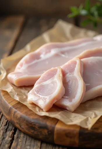 木製のまな板に乗ったスライスされた生の豚皮、下処理済み