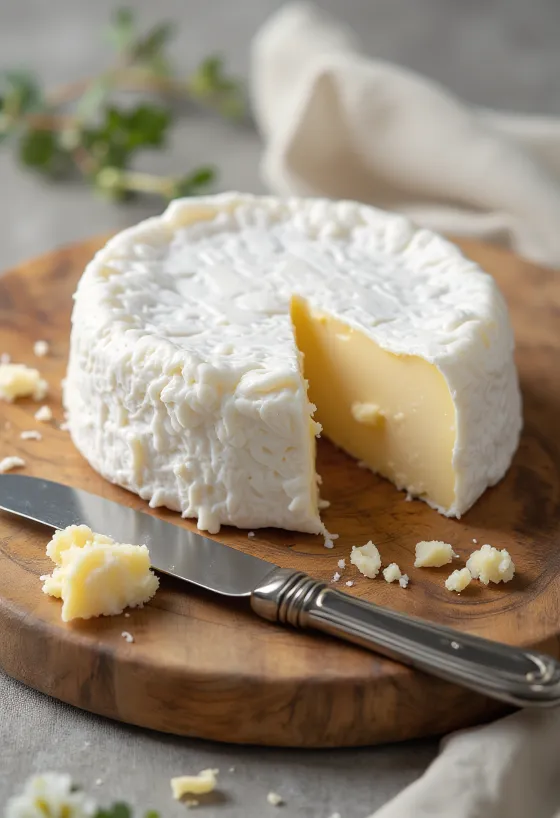 木製のまな板に乗ったスライスされたブリーチーズ、クリーミーな断面
