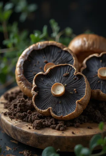 スライスされた新鮮な黒ポルチーニ、ニンニクとハーブと共に木製ボードに盛り付け