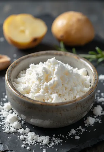 ボウルに入ったきめ細かい片栗粉と、木のスプーンですくった様子