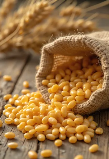 袋に入った精選された小麦の粒と、木の表面に散らばった粒