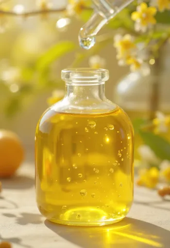 小瓶に入ったチアシードオイルと木皿の上のチアシード