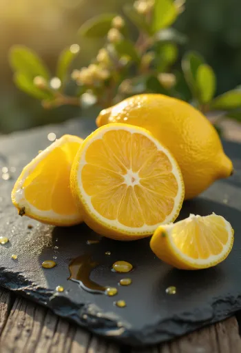 木製テーブルの上の新鮮なレモン、半分に切ったレモン、レモン水