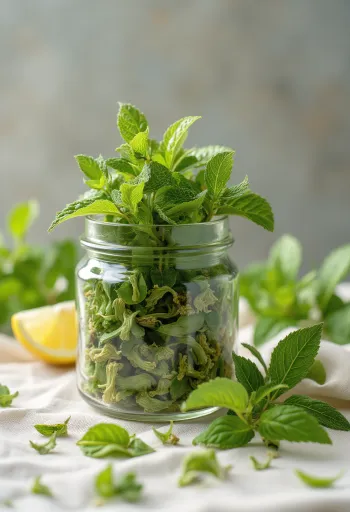 ボウルに入った乾燥レモンバームの茶葉と、キッチン台に散らばるハーブ