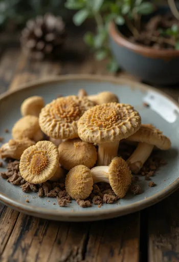 調理用に縦半分にカットされたアミガサタケ（モレル）、まな板の上