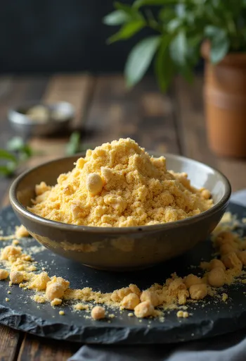 陶器のボウルに入ったひよこ豆粉と木製スプーン、散らばった粉