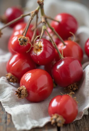 木製ボード上の新鮮なローズヒップ、赤い果肉と種が見える断面