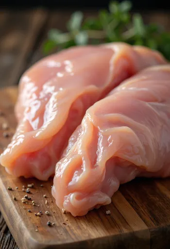 木製ボード上の新鮮な生の鶏肉（胸肉、もも肉）とハーブ