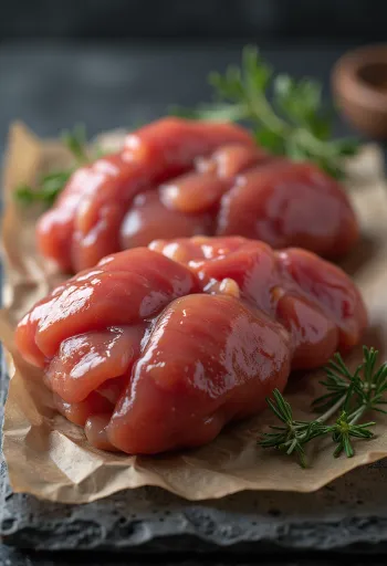 木製ボード上の新鮮な鶏レバー、艶やかな赤色