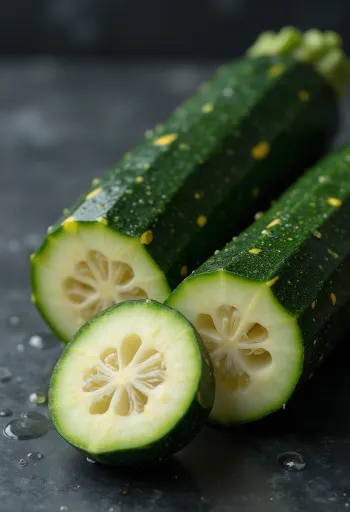 木製ボード上の新鮮なズッキーニ、半分にカットされた断面と濃い緑の皮