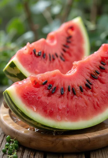 木製テーブル上のカットされたスイカ、赤い果肉と黒い種