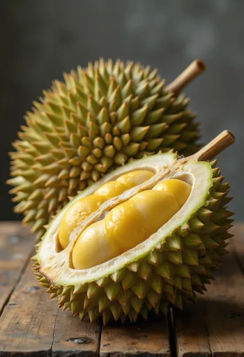 棘のある殻とクリーミーな果肉を持つドリアン、丸ごととカット
