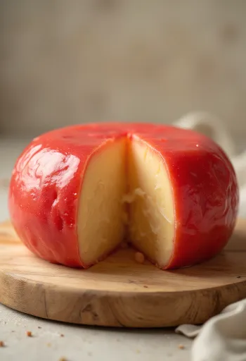 木製ボード上の赤いワックス付きエダムチーズ、スライスされた状態