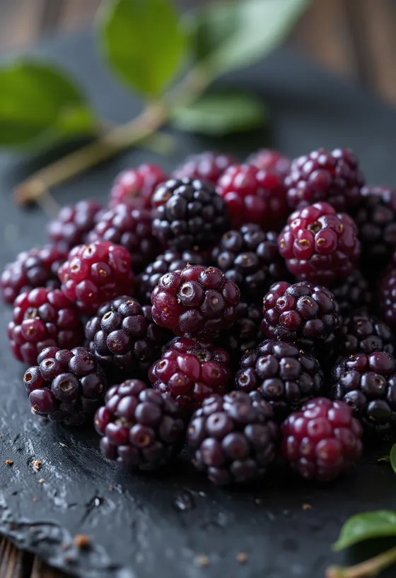 色鮮やかな新鮮な桑の実（マルベリー）、断面と全体像