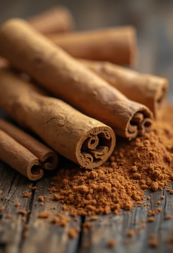 木製のキッチンカウンターに置かれたシナモンパウダーとシナモンスティック