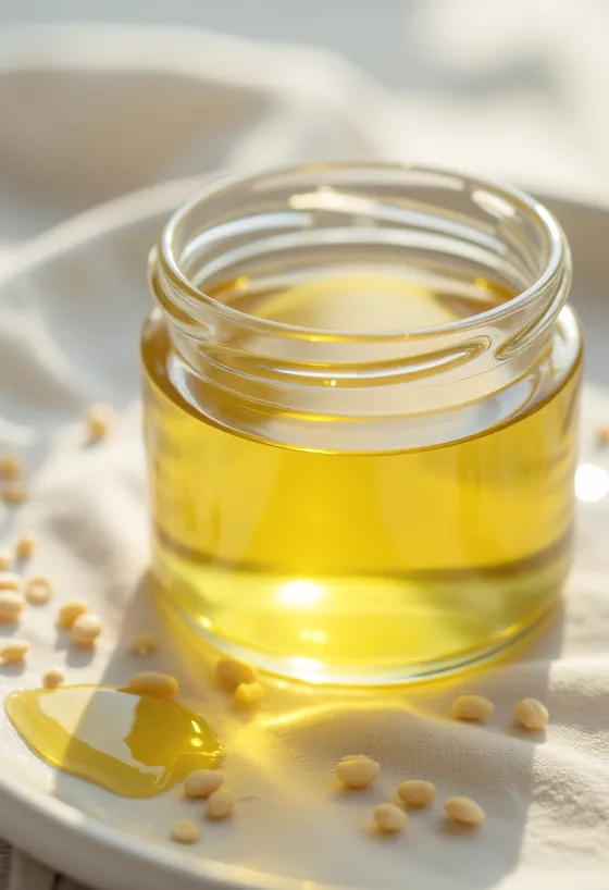 瓶に入った白ごま油と小皿、白ごまの種子