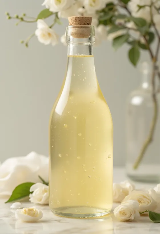 ガラスボウルに入った白ワインビネガーと、原料の白ブドウやマスト