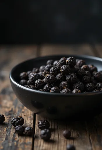 木製のボウルに入った黒胡椒（ホール）と散らばった粒