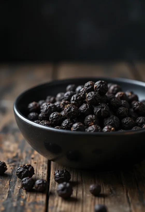 木製のボウルに入った黒胡椒（ホール）と散らばった粒