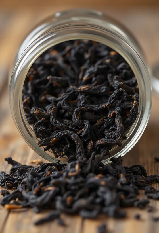 ボウルに入った紅茶の茶葉と木製スプーン、料理用の素材として