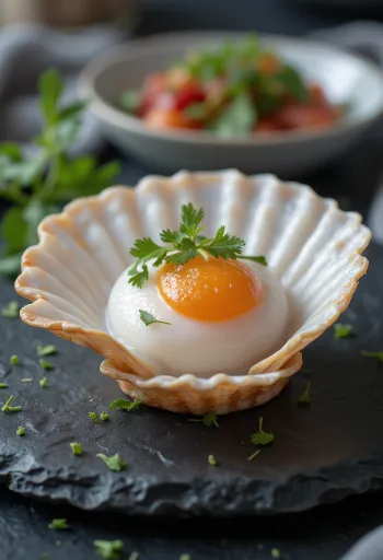 氷の上に盛られた新鮮なホタテの貝柱とレモン