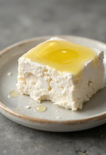 木製のカッティングボードの上にある、角切りとクラッシュされたフェタチーズ